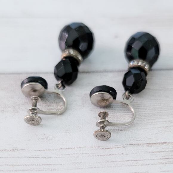 Vintage Screw Back Earrings Black Faceted Dangle - Picture 5 of 5